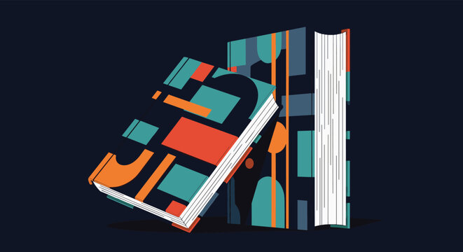 Modern book covers with colorful abstract geometric patterns leaning against each other on a dark background.