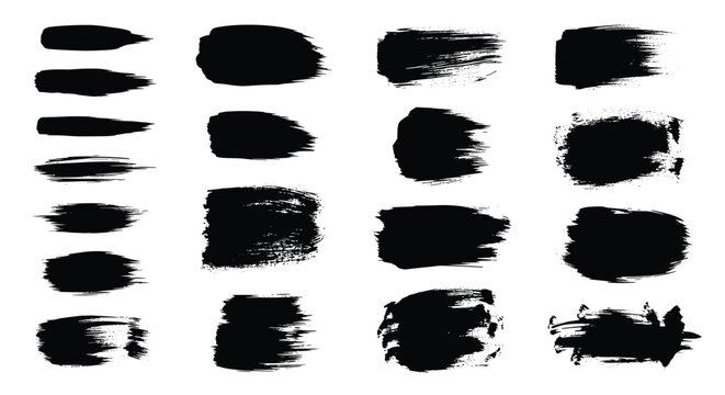 Selection of diverse black acrylic paint brush strokes and ink splatters arranged in grid on clean white background.