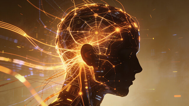 Artificial intelligence robot head profile with glowing digital brain neural network connections and cyber data infrastructure, generative AI