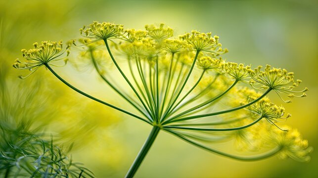Delicate yellow flower clusters on a green stem, soft focus background