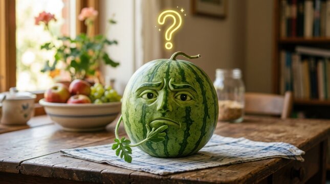 Carved Watermelon Face on Table with Question Mark