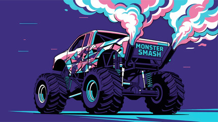 Flat Vector Illustration of a Monster Truck with "Monster Smash" Text, Emitting Pink and Cyan Smoke from Exhaust Pipes, Low Angle View Against a Dark Purple Background with Graphic Elements © sugeng prayitno