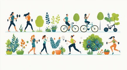 Fototapeta premium group of people jogging, cycling, walking and weight training outdoors among trees, potted plants and shrubs, cheerful energetic urban park fitness scene