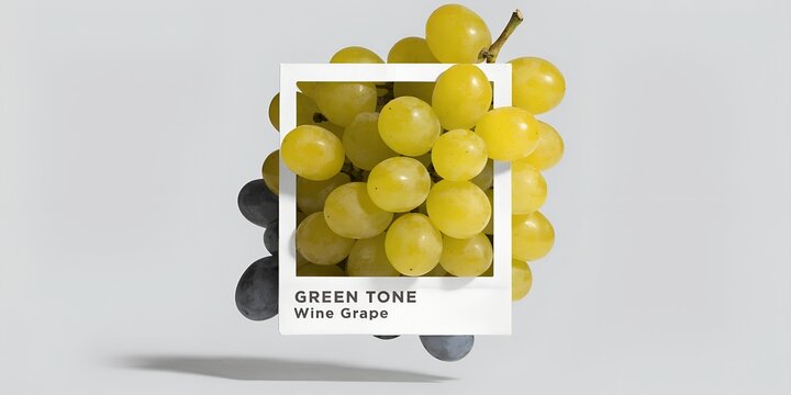 Green Grape Cluster Overflowing White Polaroid Photo Frame on Grey Background Color Tone Concept Creative Food Photography Minimal Design Fruit Label Green Tone Wine Grape