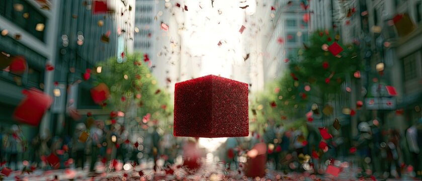 A red cube floats centrally amidst falling confetti and a blurred city crowd