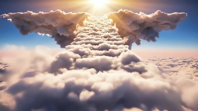 Heavenly cloud staircase leads high towards bright light among cumulus clouds, divine ascension path creates spiritual atmosphere, heavenly cloud staircase represents hope and peace concept