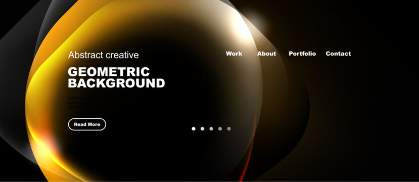 Dark background features vibrant golden abstract shapes, text elements, navigation options, plus pagination dots. Modern design.