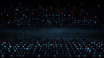 Fototapeta premium Glowing blue dot grid forming a wavy virtual landscape with scattered red lights over a dark horizon, futuristic, mysterious and immersive