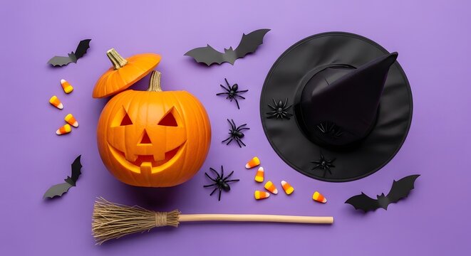 Halloween flat lay with pumpkin, witch hat, broom and candy corn on purple background