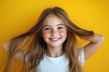 Naklejka premium person holding long blonde hair with hands, wearing white t-shirt against vibrant yellow background, playful and carefree vibe with face obscured