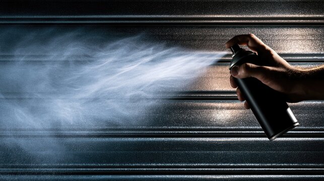 Hand spraying mist from can onto textured metal surface