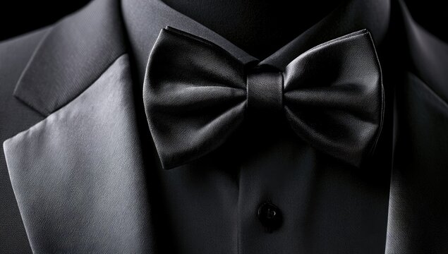 Black satin bow tie and tuxedo collar with white shirt