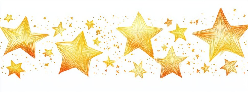 hand-drawn golden and orange stars with sparkles on white background, whimsical celebratory design