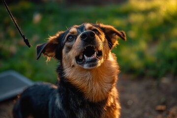 Obraz premium black and tan dog on leash baring teeth and barking with alert, defensive expression in sunlit grassy yard