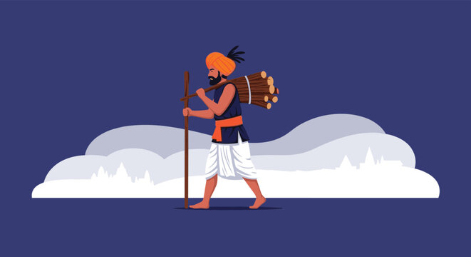 Indian farmer or peasant in traditional clothing carrying a bundle of firewood on his shoulder, walking on white.