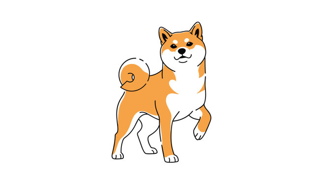 Japanese Shiba Inu dog stands alert with one paw raised, showing a happy expression, isolated on a white background.