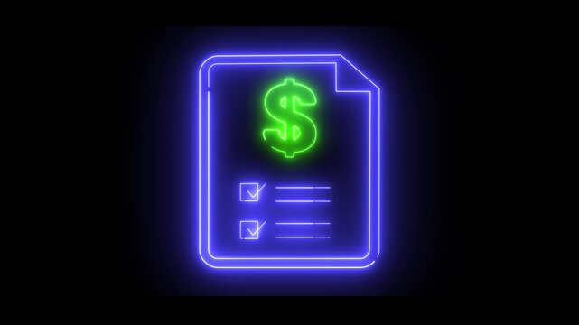 Animated neon document icon with the dollar sign. Two check marks below the sign. Ideal for finance, budgeting, accounting, or payments.