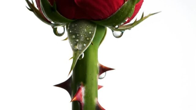 Close-up of a red rose bud and stem with thorns and water droplets, against a white background