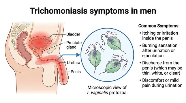 Anatomical diagram of trichomoniasis symptoms and parasite with trichomoniasis