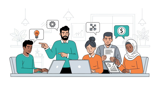 Diverse Business Team Collaborating in Modern Office Vector Illustration