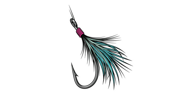 Metal fishing hook decorated with green and black feathers serves as a professional fly fishing lure for sport fishing.