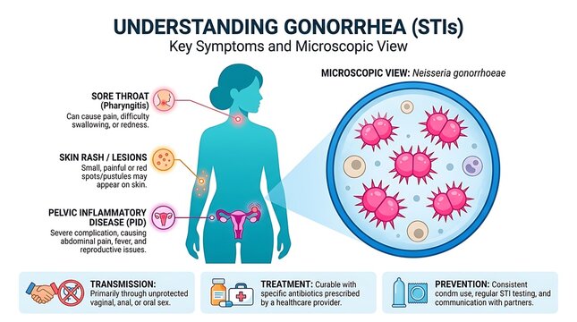 Medical infographic understanding gonorrhea symptoms and microscopic view