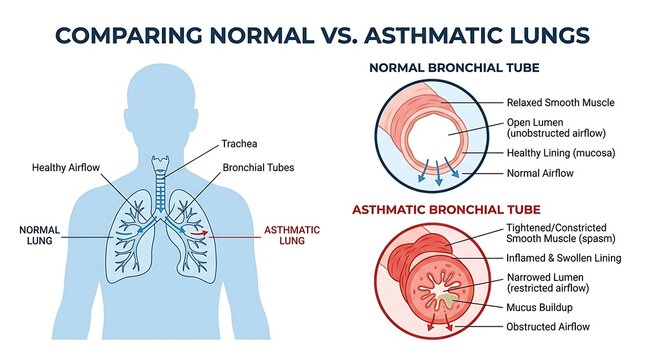 Medical infographic comparing normal and asthmatic bronchial tubes with bronchus