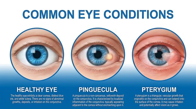 Common eye conditions comparison showing healthy eye pinguecula and pterygium