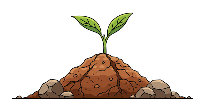 Small green plant sprout grows successfully from a pile of brown fertile soil surrounded by pebbles and rocks.