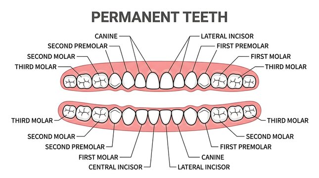Anatomical diagram of human permanent teeth arrangement chart with permanent