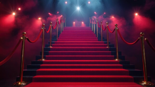Grand red carpet staircase flanked by gold stanchions and velvet ropes, bathed in fog and dramatic spotlights, evoking glamour, anticipation and cinematic prestige