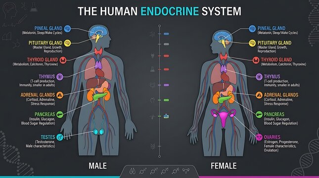 Comparative diagram of the male and female human endocrine system anatomy