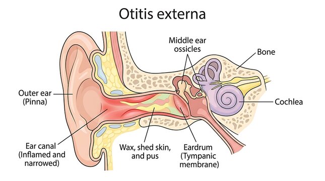 Cross section illustration of the human ear showing otitis externa inflammation
