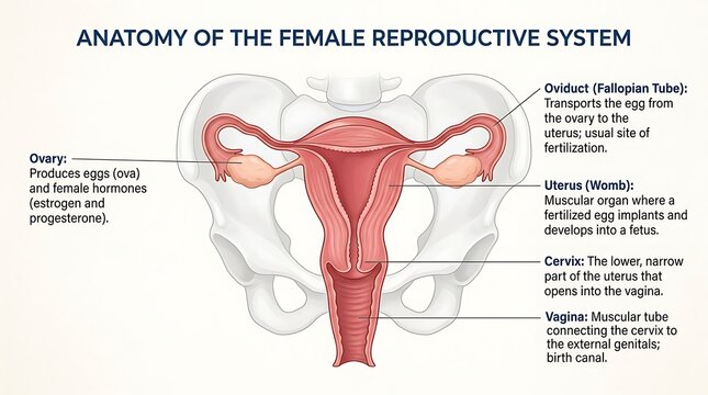 Anatomy of the female reproductive system showing labeled internal organs