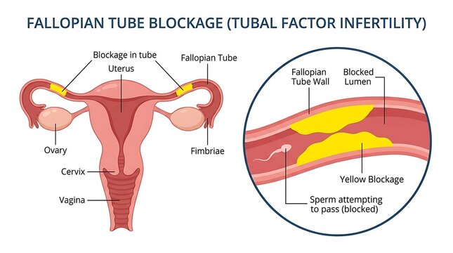 Medical infographic of tubal factor infertility due to fallopian tube blockage