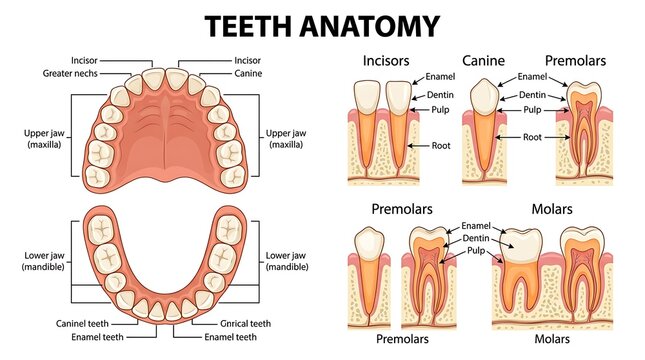 Educational teeth anatomy chart showing human dental structure and tooth types