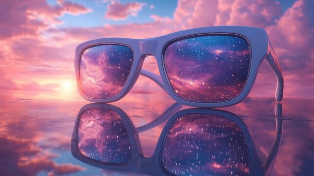 mirrored sunglasses resting on calm reflective water at sunset under pink and purple cloud-filled sky, dreamy tranquil warm evening nostalgia