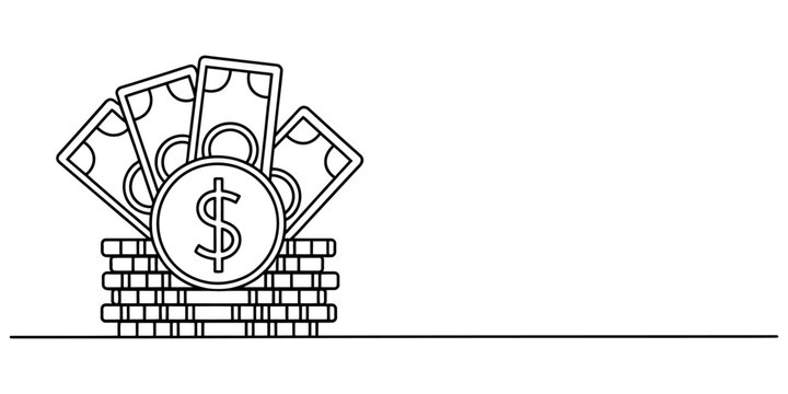 Continuous one line drawing of a stack of coins and paper money bills with a dollar sign symbol Vector, illustration