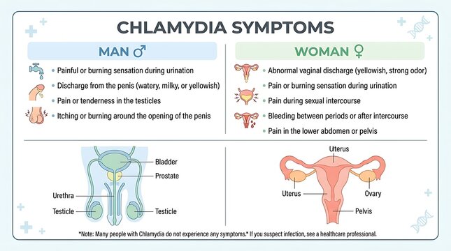 Detailed chart of chlamydia symptoms in men and women with anatomical icons