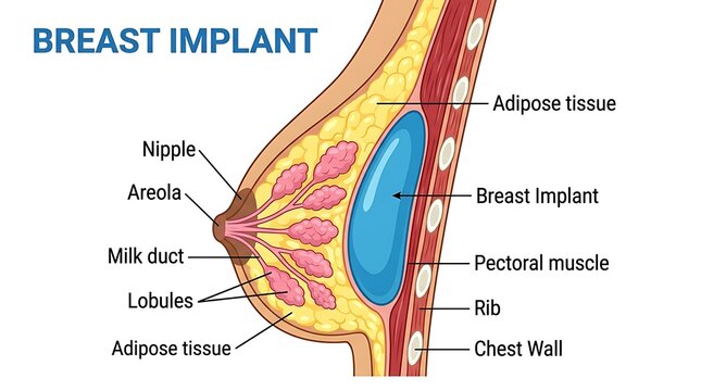 Anatomical cross section diagram of breast implant placement in female body