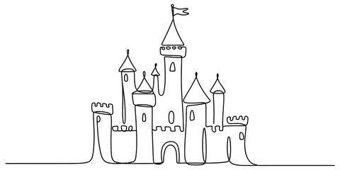 Continuous single line drawing of a fairy tale castle with towers and flag Vector, illustration © Alo 2026 Arts