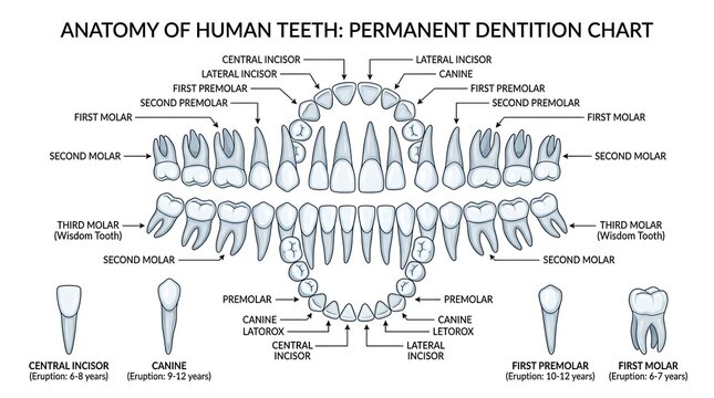 Anatomy of human teeth and permanent dentition chart for dental education