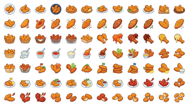 Collection of diverse chicken wing and nugget illustrations with various dipping sauces and side dishes.