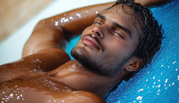 reclining person with wet bare back and shoulder in blue water, glistening droplets and relaxed, peaceful mood