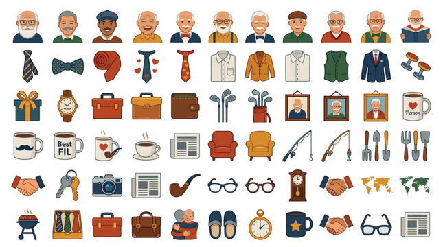 Collection of Icons Representing Senior Men's Hobbies and Interests.