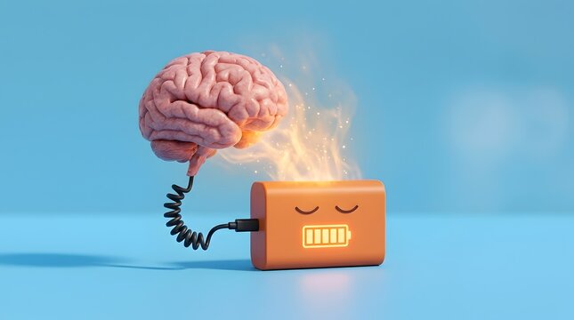 Glowing human brain connected to full battery character showing peak cognitive performance and restored mental energy on blue background