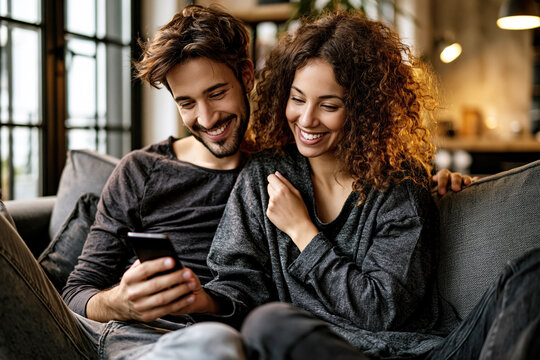 Young Couple Using Smartphone at Home &ndash; AI Generative &ndash; no real persons