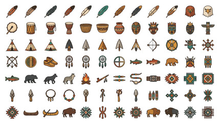 Collection of Native American tribal symbols and icons, including feathers, drums, pottery, tipis, arrows, bows, dreamcatchers, animals, and geometric patterns. © Eza
