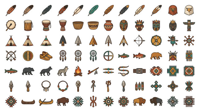 Collection of Native American tribal symbols and icons, including feathers, drums, pottery, tipis, arrows, bows, dreamcatchers, animals, and geometric patterns.