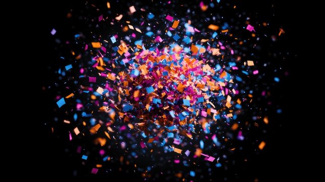 Explosive burst of multicolored square confetti in blue, pink, orange and purple against a black background conveying energetic joyful celebration